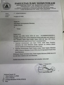 Surat balasan dari Dekan Fikom UPDM(B), terkait pemberitahuan bahwa WKM tidak bisa mendapatkan SK dengan kondisi saat ini. Foto: Media Publica/Rizky Damayanti